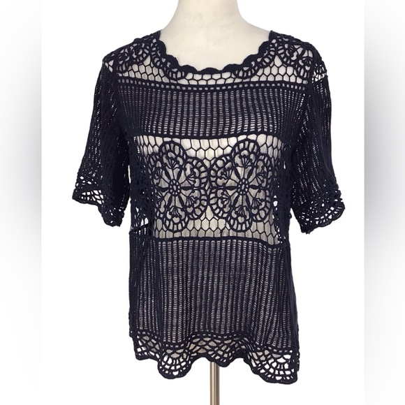 Anthropologie James Coviello Blue Crochet Lace Short Sleeve Top Large - Picture 1 of 6